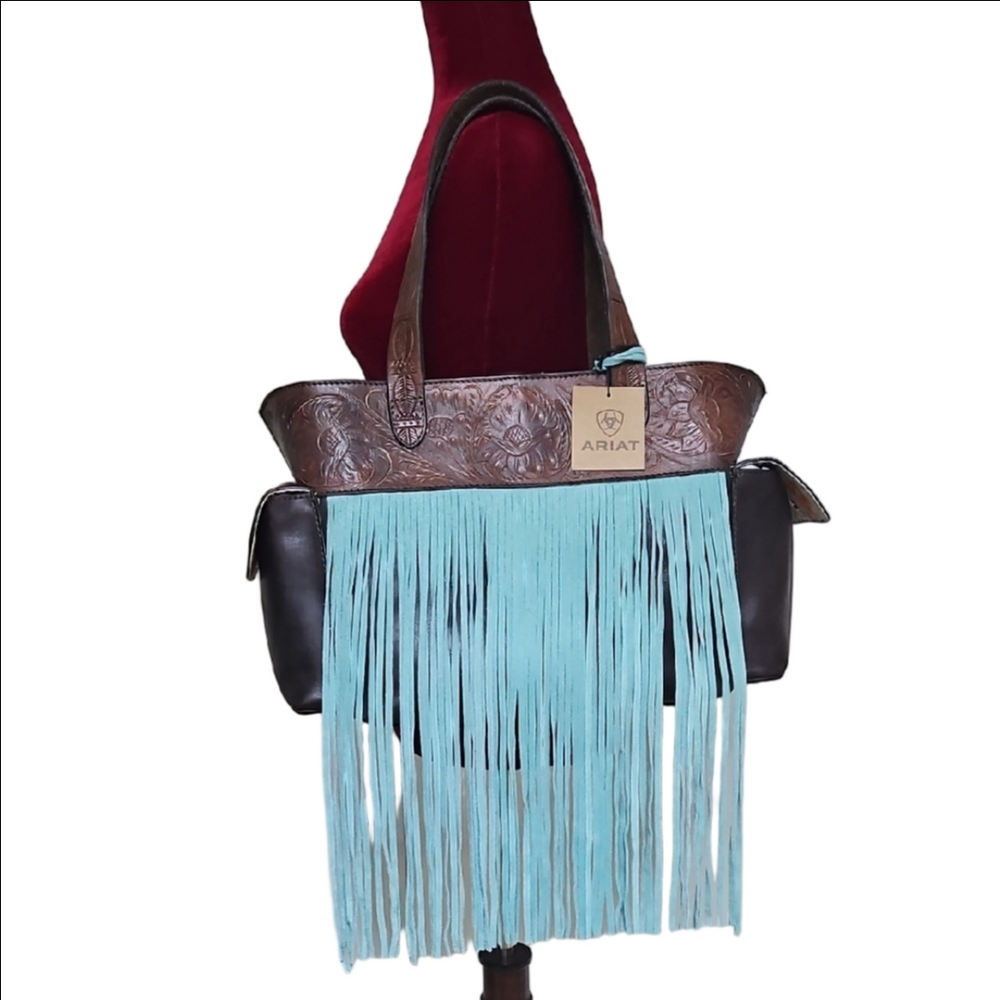 Ariat Brown Tooled Leather Tote with Light Blue Fringe